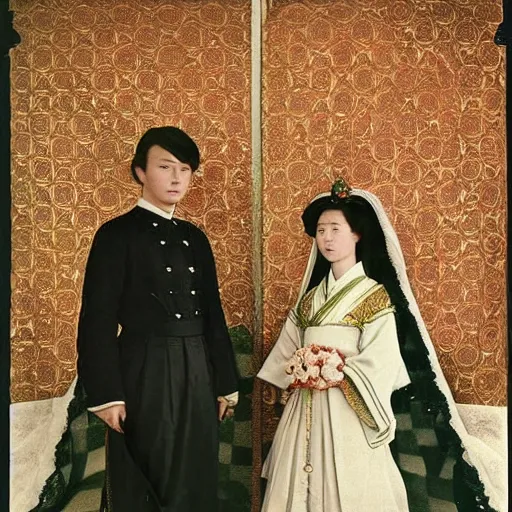 Prompt: a wide full shot, colored russian and japanese mix historical fantasy of a photograph portrait taken of a royal wedding ceremony, photographic portrait, warm lighting, 1 9 0 7 photo from the official wedding photographer for the royal wedding.