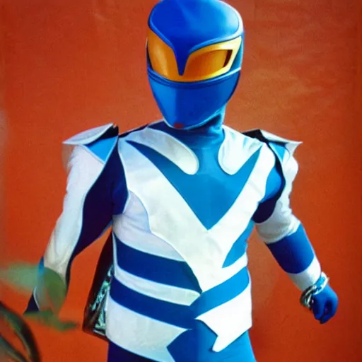 Image similar to a photograph of a power Ranger wearing a dolphin themed blue and white suit, 80s aesthetic