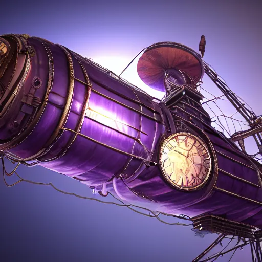 Prompt: steampunk airship above steampunk city with purple night lights, photo realistic, 4k, unreal engine, dynamic light, detailed