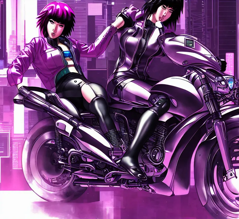 Image similar to motoko kusanagi riding a cyberpunk vehicle in a grungy cyberpunk megacity, bosozoku gang war, cyberpunk vaporwave, by phil jimenez, artgerm, sola digital arts, anti aliasing, raytracing