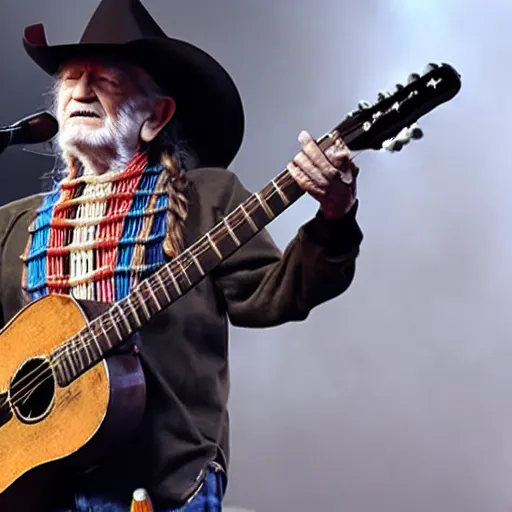 Image similar to willie nelson on stage, four fingers holding guitar. god rays through fog.