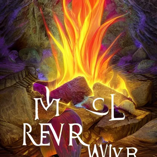 Prompt: book cover mystical cave, fire, crystals, water