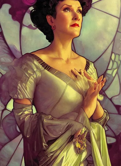 Image similar to a painting of majel barrett as lwaxana troi. beautiful art by artgerm and greg rutkowski and alphonse mucha