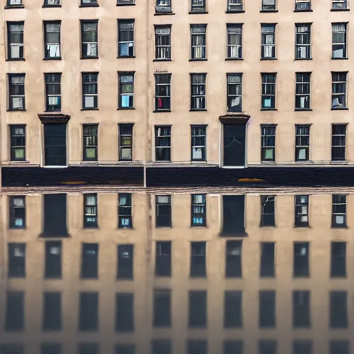 Prompt: realistic photo of puddle on sidewalk, buildings in reflection