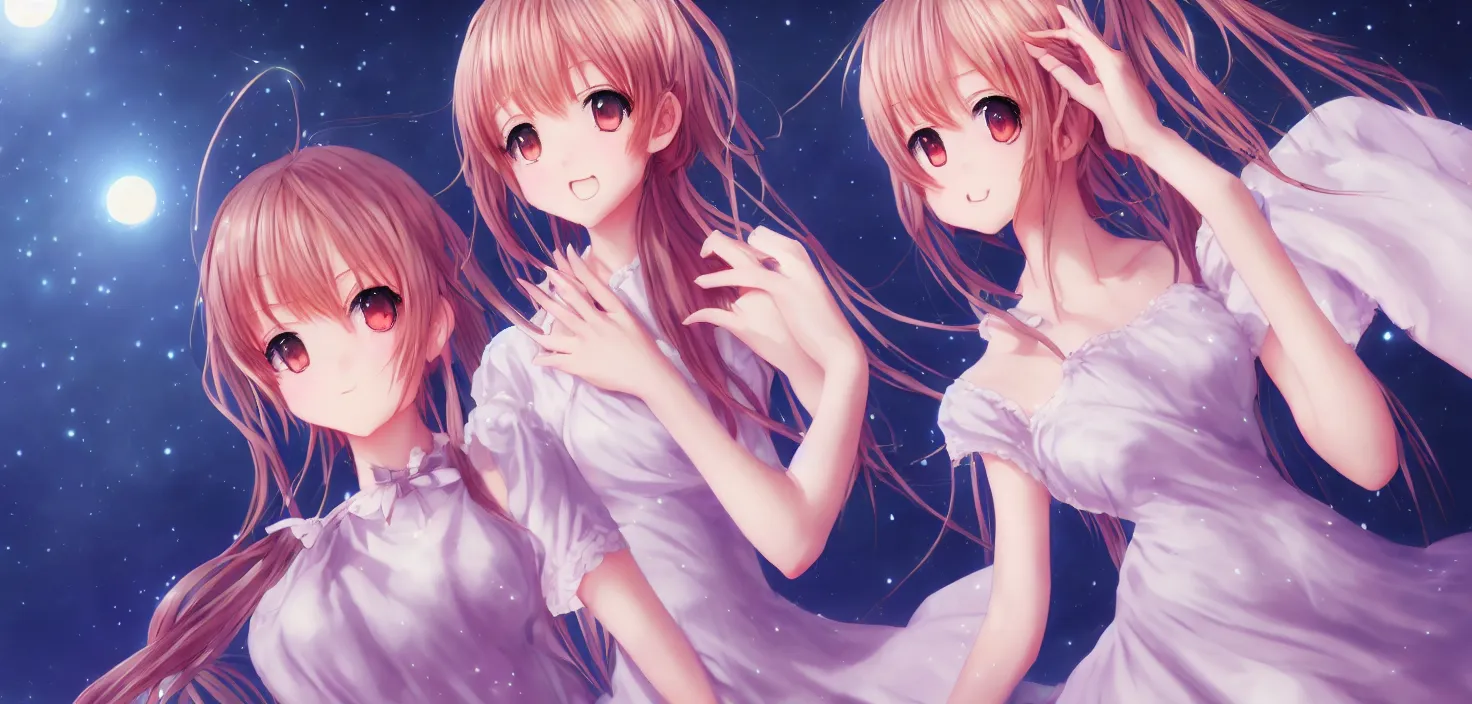 Prompt: portrait two beautiful anime girls wear coctail dress closeup | | sunny night, full moon, dreamlike art, realistic shaded, smile, good looking, hyper details, 4 k realistic, cryengine, realistic shaded lighting poster by artgerm, ross tran, fuji choko, 8 k resolution, trending on artstation, luxury