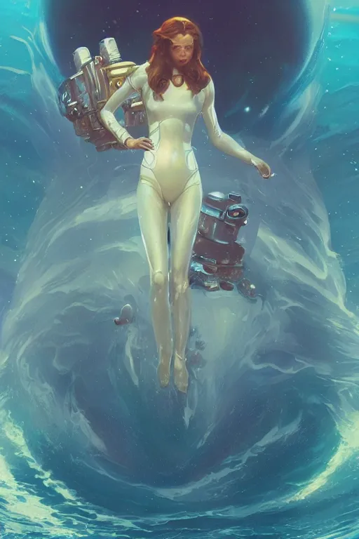 Image similar to Spaceman lost in the ocean, space themed, highly detailed, digital painting, artstation, concept art, smooth, sharp focus, illustration, art by artgerm and greg rutkowski and alphonse mucha, beeple