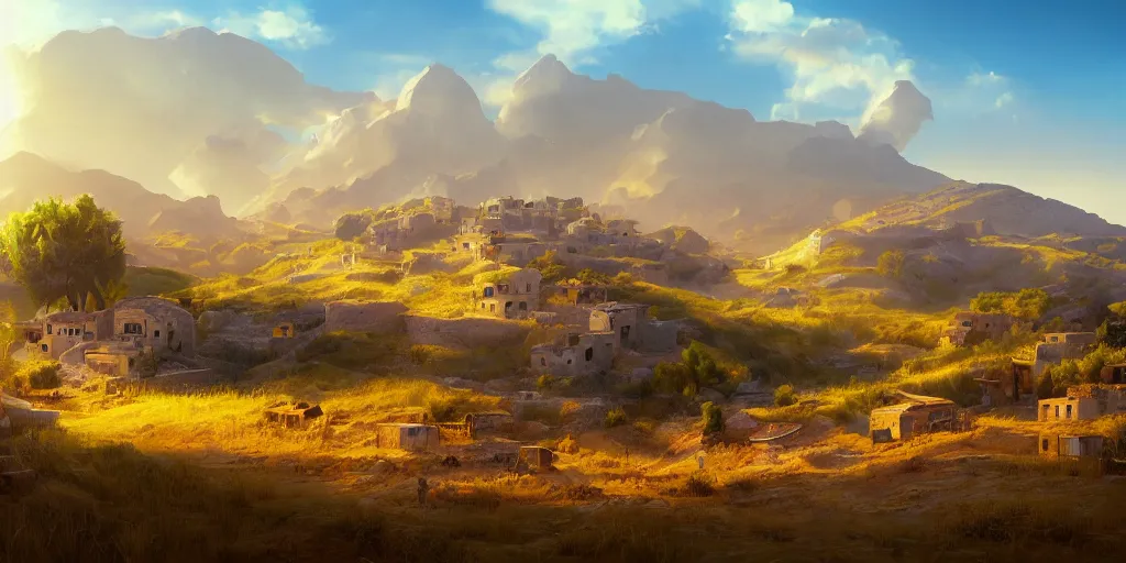 Prompt: Lively sunny landscape of an palestinian village realistic detailed digital art by Maxwell Boas Jessica Rossier Christian Dimitrov Anton Fadeev trending on Artstation CGSociety rendered in Unreal Engine 4k HQ