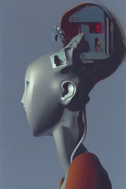 Prompt: a woman wearing a robot through her head Edward Hopper and James Gilleard, Zdzislaw Beksinski highly detailed