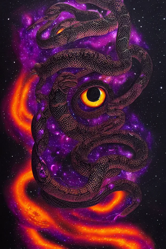 Image similar to a close up portrait of a purple ornate serpent spirit head statue, orange eyes, black paper, galaxy, nebula, billions of details, beautiful intricate painting by kokaris