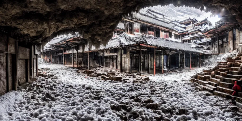 Image similar to Kowloon Walled City in the walls of glacial cavern, snowing, favela, slum