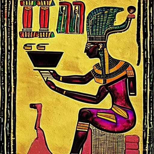 Image similar to Ancient Egypt Art, art of A person using a computer in art style of ancient art, fragmented, a person using a computer!!!!! Ancient Egypt art