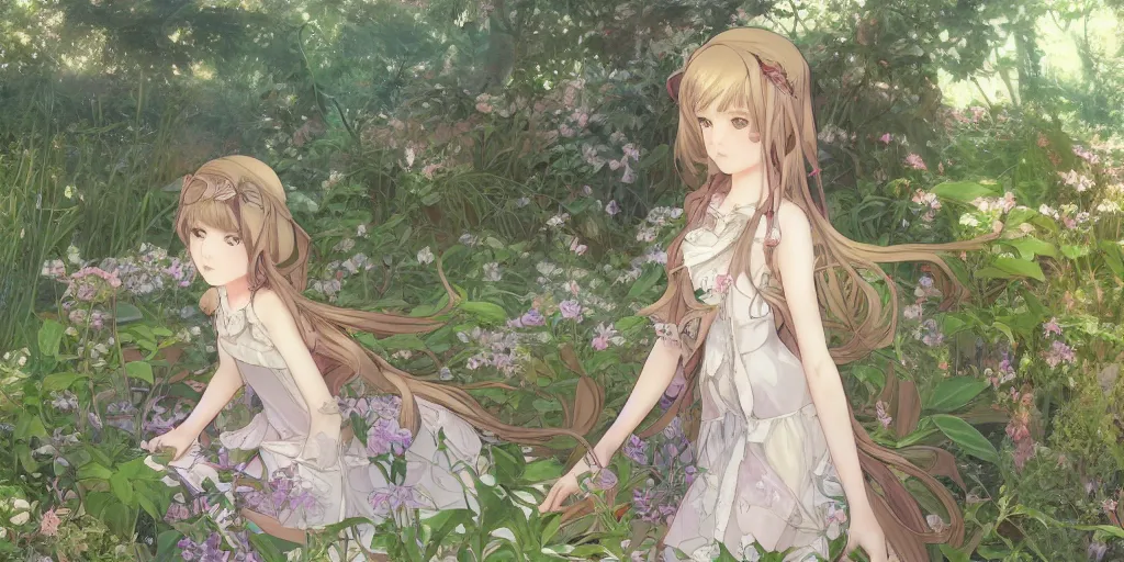 Image similar to a digital art of a loli with long hair in a dress in the privet garden at after noon, green and warm theme, by krenz cushart and mucha and akihito yoshida and greg rutkowski and makoto shinkai, low angle, long shot, back lighting, detailed eyes, 4 k resolution, trending on art station