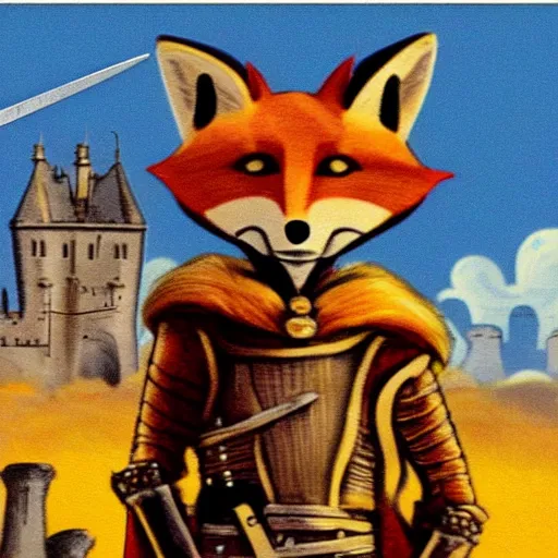 Image similar to anthropomorphic fox!! who is a medieval knight holding a sword towards a stormy thundercloud [ 1 9 3 0 s film still ], ( castle in the background )