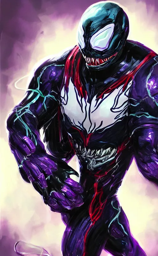 Prompt: venom in a venom inspired ironman suit, purple, black and red, dynamic lighting, photorealistic fantasy concept art, trending on art station, stunning visuals, terrifying, creative, cinematic