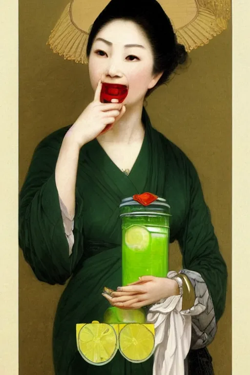 Prompt: a beautiful oriental woman, in a strict suit, distributes green lemonade with a painfully face at a children's party, highly detailed, artstation, illustration, jurgens, rutkowski, bouguereau, canon eos r 3