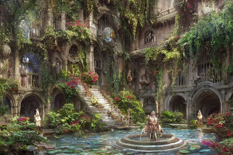 Image similar to extreme low angle shot of an open courtyard in a beautiful elven city made of ivory and silver, intricate, vivid colors, lush trees, flowers, ponds, fountain, subsurface scattering, volumetric lighting, concept art, fantasy digital painting by James Gurney, by Greg Rutkowski, trending on Artstation, highly detailed, 8k