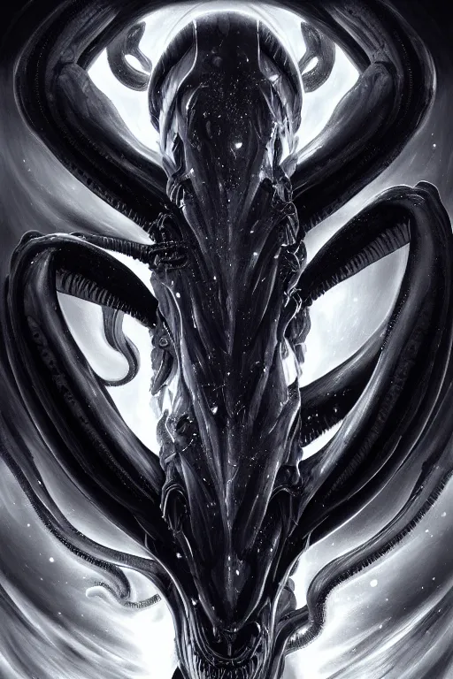 Image similar to black and white, deep space, nebula, giant xenomorph alien mixed with sharks extra teeth, tentacles, highly detailed, digital painting, artstation, concept art, smooth, sharp focus, illustration, unreal engine 5, 8 k, art by carlos huante and greg rutkowski and alphonse mucha and ifbb pro fitness photograph