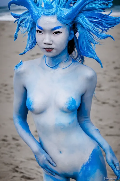 Image similar to a chinese woman dressed as a blue-skinned triton standing on a beach, blue body paint, high resolution film still, 8k, HDR colors, cosplay, outdoor lighting, high resolution photograph, photo by bruce weber, beautiful symmetric face