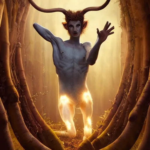 Image similar to A Faun from the movie Pan's Labyrinth, huggy wuggy from poppy playtime video game, fullbody, ultra high detailed, glowing lights, oil painting, Greg Rutkowski, Charlie Bowater, Beeple, unreal 5, DAZ, hyperrealistic, octane render, RPG portrait, dynamic lighting, fantasy art, beautiful face