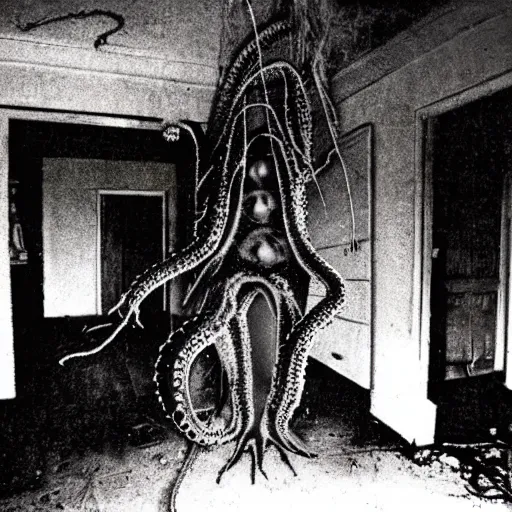 Image similar to 1 9 8 3, found footage, flash, old abandoned house, creepy mutant flesh creature, tentacles, glowing eyes, flesh blob