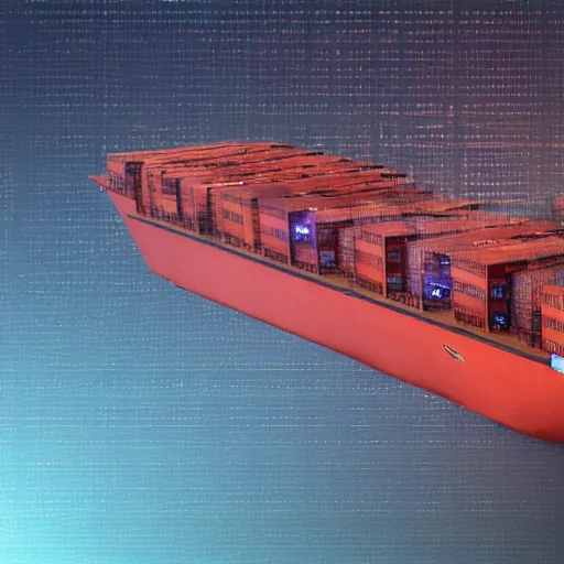 Image similar to photo of Immense industrial futuristic cargo ship arrives at cyber punk city sea port, cinematic lighting, photo