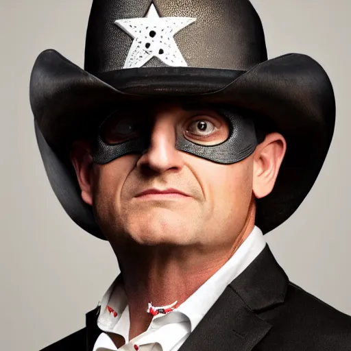 Prompt: Tim Robinson dressed up as the lone ranger cowboy with eye mask, headshot portrait, detailed for TV show