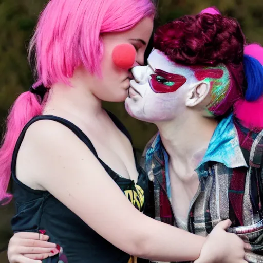 Prompt: teenager with pink hair kissing a clown girl