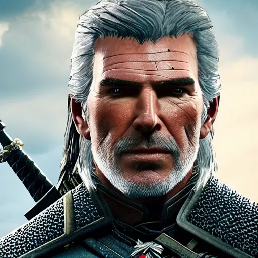 Image similar to Pierce Brosnan in The Witcher 3, highly detailed, high quality, HD, 4k, 8k, Canon 300mm, professional photographer, 40mp, lifelike, top-rated, award winning, realistic, sharp, no blur, edited, corrected, trending