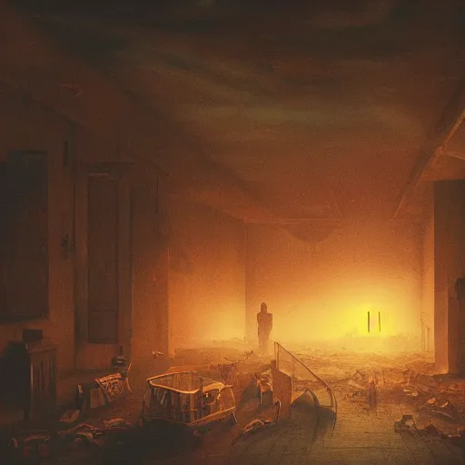 Prompt: A dark room with a single painting depicting the horrors of the apocalypse, trending on arstation cgsociety, 8k, masterpiece, cinematic lighting, existential horror, concept art.