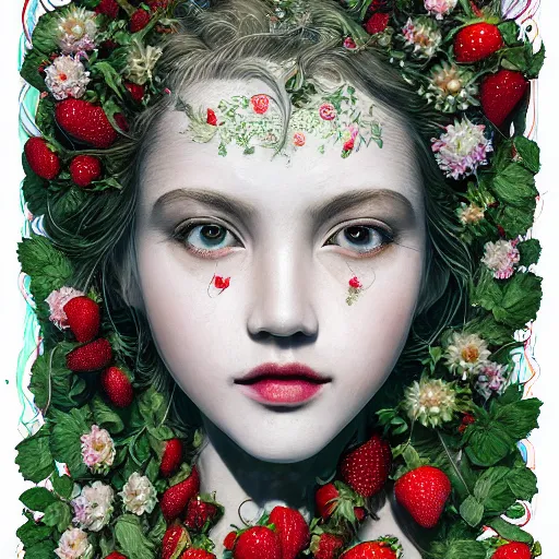 Prompt: the portrait of an absurdly beautiful, graceful, elegant, chaste, young woman made of strawberries and green petals looking up, an ultrafine detailed illustration by kim jung gi, irakli nadar, intricate linework, bright colors, octopath traveler, final fantasy, angular, unreal engine 5 highly rendered, global illumination, radiant light, detailed and intricate environment