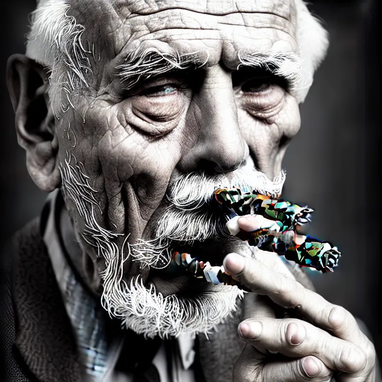 Image similar to a detailed portrait of an old man, smoking a perfectly symmetrical cuban cigar, cinematic photography, smoke rising like clouds, beautifully symmetrical, super resolution, cgi, trending on art station, volumetric lighting & shadows, hyper detailed, 8 k, unreal engine, canon 2 0 0 mm,