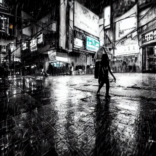 Image similar to cyberpunk ho chi minh city in the rain, time - lapse, photojournalism, wide angle, perspective, double - exposure, light, tones of black in background