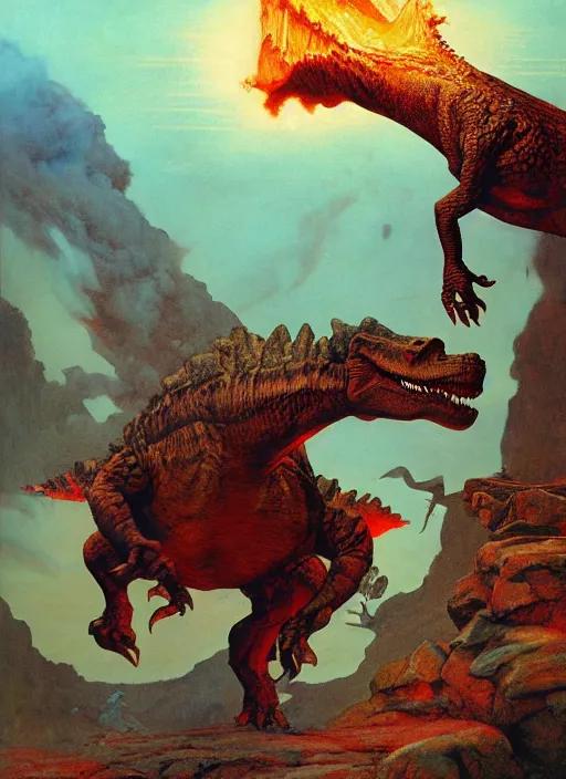 Image similar to dinosaur lava volcano, dynamic action, by lawrence alma - tadema and zdzislaw beksinski and norman rockwell and jack kirby and tom lovell and greg staples, artstation creature art