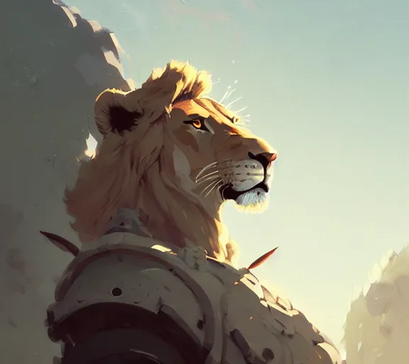 Prompt: portrait of lion knight, fantasy, by atey ghailan, by greg rutkowski, by greg tocchini, by james gilleard, by joe fenton, by kaethe butcher, by ashley wood, dynamic lighting, gradient light blue, brown, blonde cream and white color scheme, grunge aesthetic