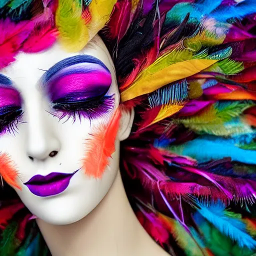 Prompt: a close up of a mannequin with makeup, an impressionist painting by briana mora, instagram contest winner, neo - fauvism, feminine, made of feathers, i can't believe how beautiful this is