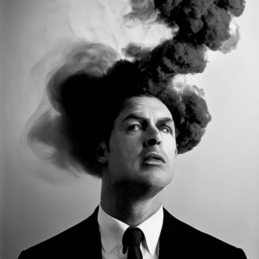 Image similar to a man who's head is turning into a puff of smoke, annie liebowitz, black and white