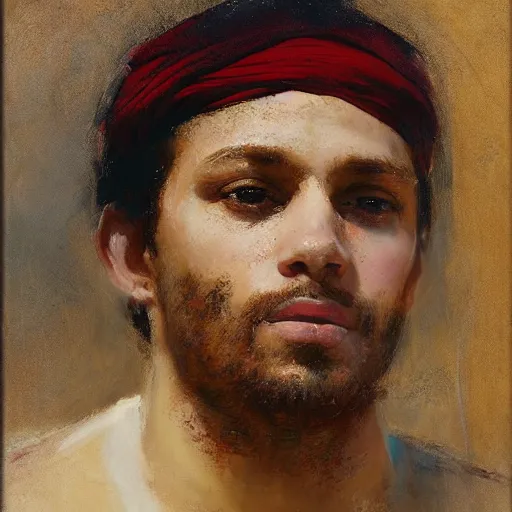 Prompt: Solomon Joseph Solomon and Richard Schmid and Jeremy Lipking Middle eastern genre painting portrait painting of a young handsome man in ancient Canaanite costume, red background