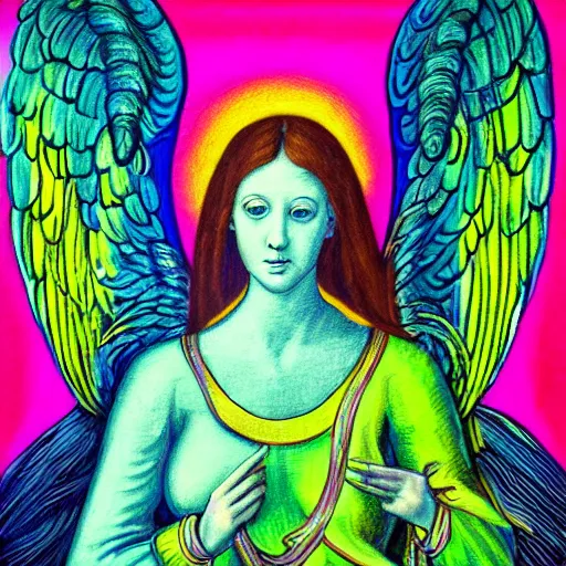 Prompt: renaissance angel with billion wings, bringing the miracle, oil painting, neon acid green outline, high detailed