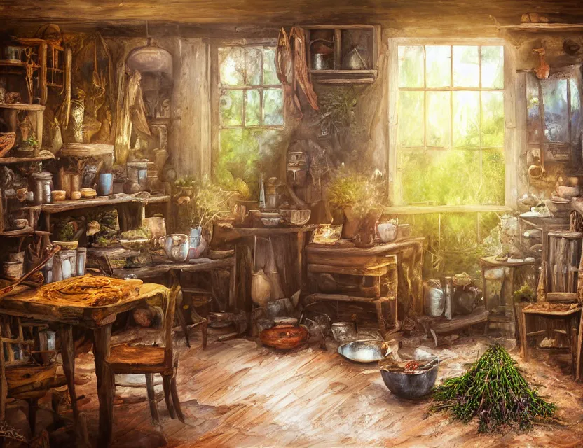Image similar to expressive rustic oil painting, interior view of a cluttered herbalist cottage, waxy candles, burning herbs smoke, dried herbs, cabinets, wood furnishings, herbs hanging, wood chair, light bloom, dust, ambient occlusion, morning, rays of light coming through windows, dim lighting, brush strokes oil painting