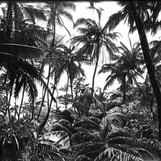 Prompt: a rizom lost film footage of a 3 d shape in the middle of the tropical jungle / shape / shape / tropicalism / tropicalism / film still / cinematic / enhanced / 1 9 2 0 s / black and white / grain