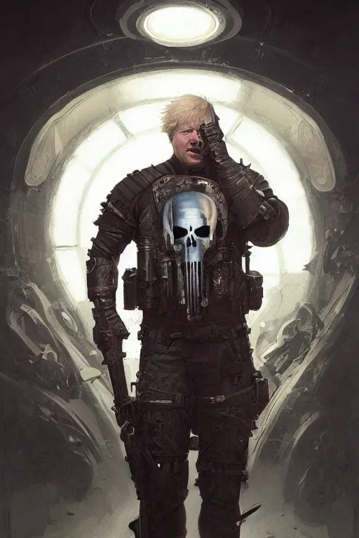 Image similar to Boris Johnson as Punisher, armor plate, realistic portrait, symmetrical, highly detailed, digital painting, artstation, concept art, smooth, sharp focus, illustration, cinematic lighting, art by artgerm and greg rutkowski and alphonse mucha