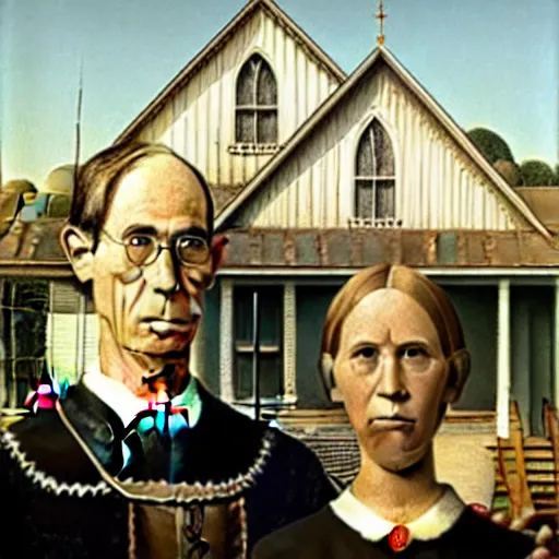 Prompt: a photograph of Grant Wood painting American Gothic