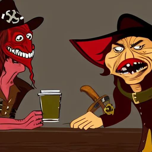 Image similar to a goblin with a large nose and a pirate with a bandana negotiating a contract with Micheal Morbius in a Western saloon. Realism