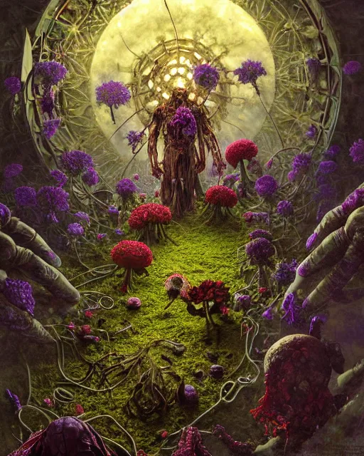 Image similar to the platonic ideal of flowers, rotting, insects and praying of cletus kasady carnage thanos dementor doctor manhattan chtulu mandelbulb spirited away lichen mandala bioshock davinci heavy rain the witcher botw, d & d, fantasy, ego death, decay, dmt, psilocybin, art by greg rutkowski and anders zorn