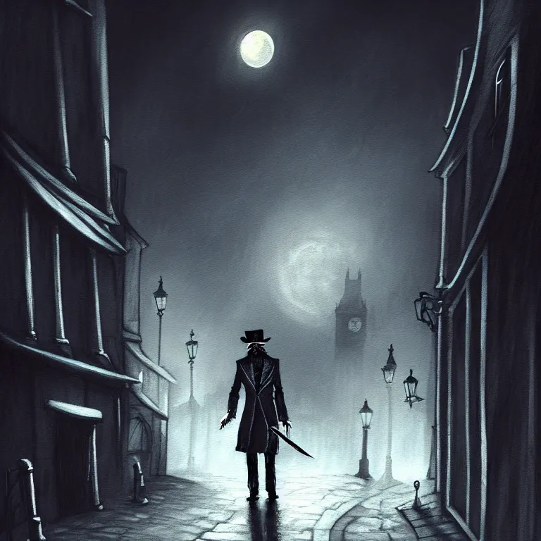 Image similar to jack the ripper lurking in a dark alleyway, holding a knife, one point perspective, full moon, foggy night, black alley cat, cobblestone road, stone arch, big ben, digital painting, hyperrealistic, macabre, spooky, trending on artstation