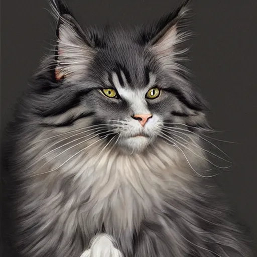 Image similar to a big magnificent dark gray maine coon mix cat with white belly, white paws and white face markings with long fur and fluffy tail, sitting, intricate, elegant, highly detailed, digital painting, artstation, concept art, matte, sharp focus, illustration, art by Artgerm and Greg Rutkowski and Alphonse Mucha