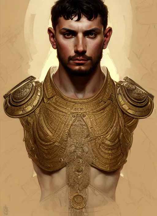 Prompt: symmetry!! portrait of roman soldier, ancient rome, intricate, elegant, highly detailed, digital painting, artstation, concept art, smooth, sharp focus, illustration, art by artgerm and greg rutkowski and alphonse mucha, 8 k