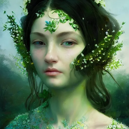 Image similar to Goddess of Spring, green-eyes!!!!!!!!!!, gorgeous portrait, intricate, elegant, volumetric lighting, scenery, digital painting, highly detailed, artstation, sharp focus, illustration, concept art, ruan jia, steve mccurry