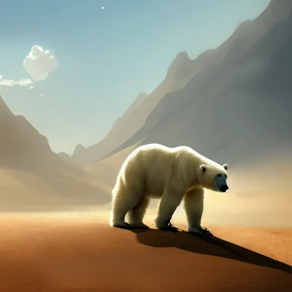 Prompt: polar bear in the desert, painting by Craig Mullins, octane rendering, soft morning lighting, wide angle lens, in the style of Hayao Miyazaki, trending on artstation