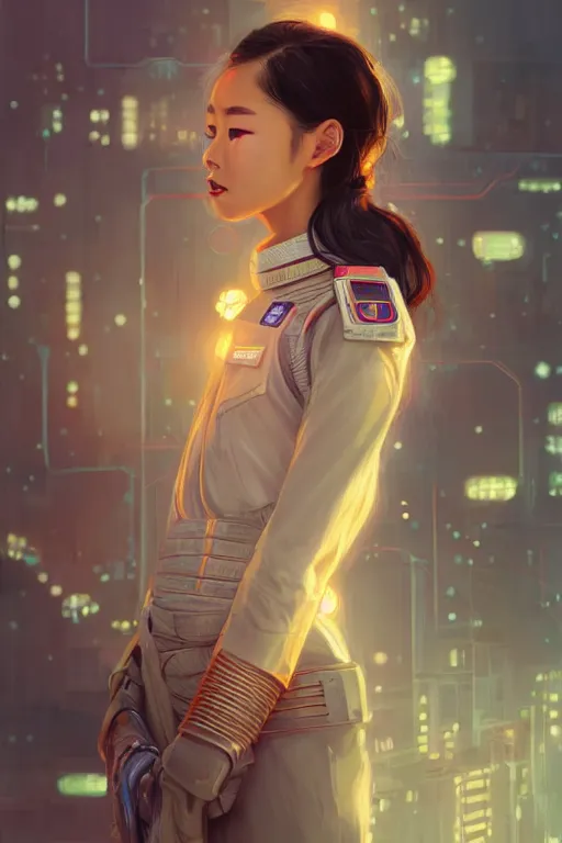 Image similar to portrait futuristic asian airforce girl, looking at the camera, in future airport rooftop , sci-fi, fantasy, intricate, very very beautiful, elegant, human anatomy, neon light, highly detailed, digital painting, artstation, concept art, smooth, sharp focus, illustration, art by tian zi and WLOP and alphonse mucha